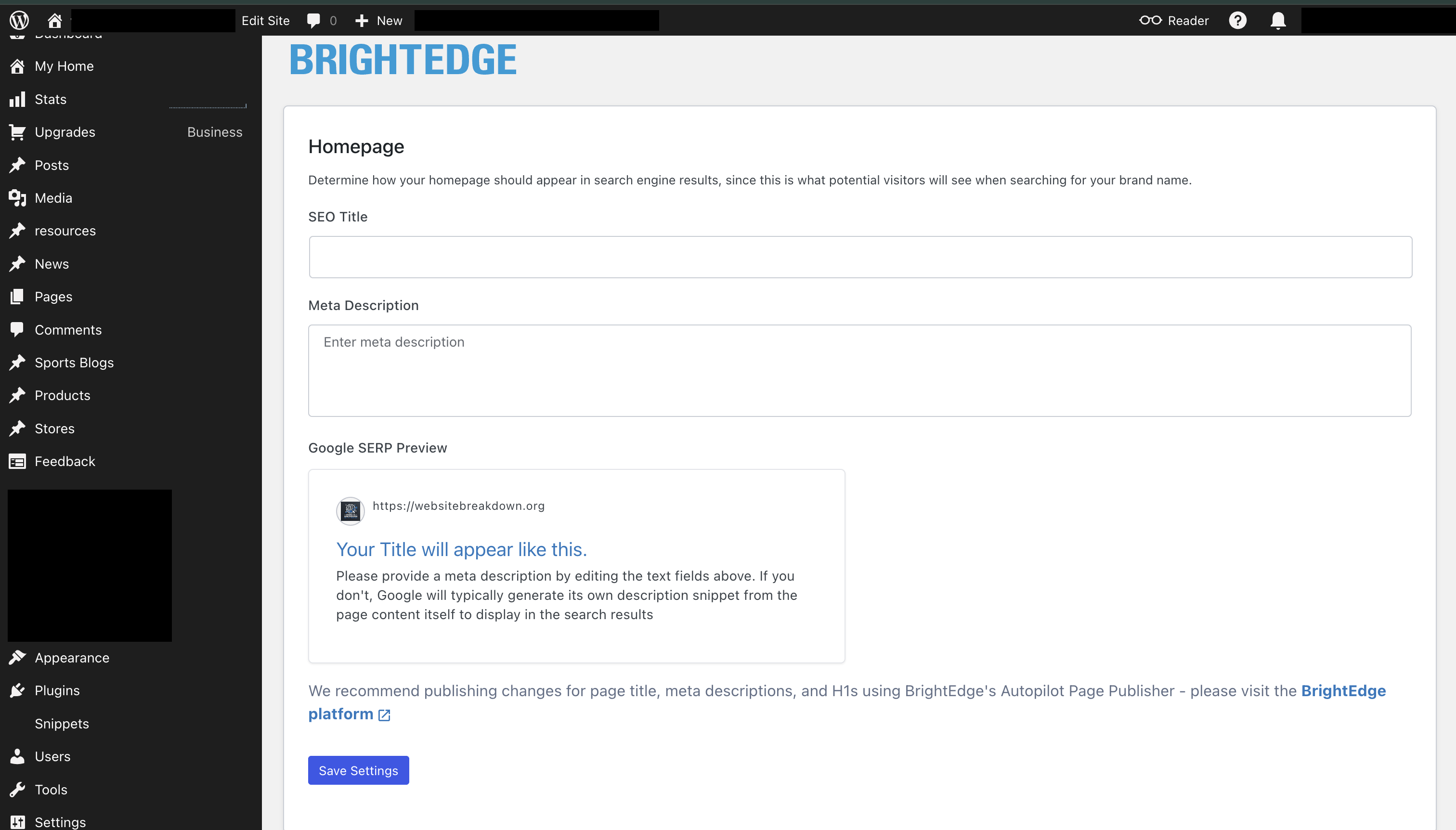 Configuration Page to update homepage metatags.