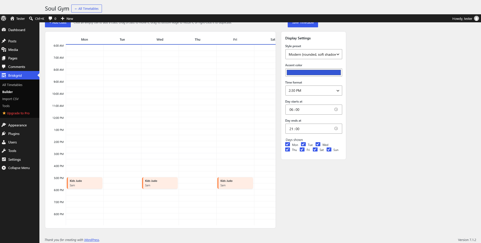 The visual drag-and-drop builder with classes placed on the weekly grid.
