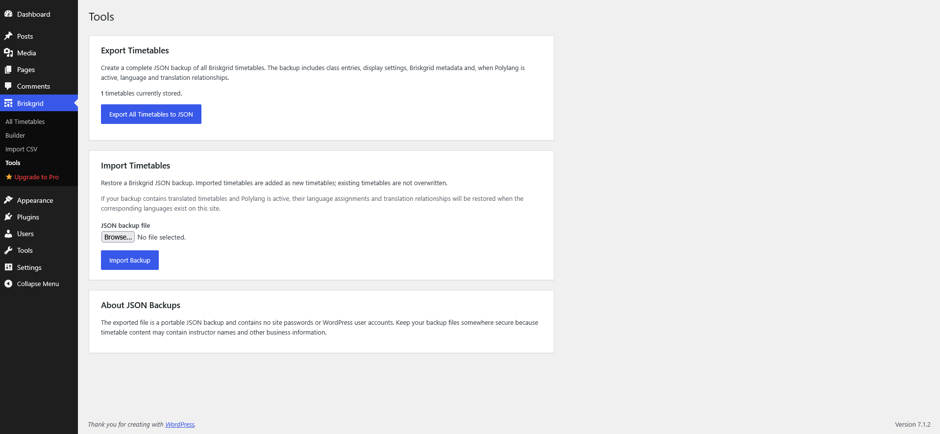 The Tools screen: export and import a full JSON backup of your timetables.