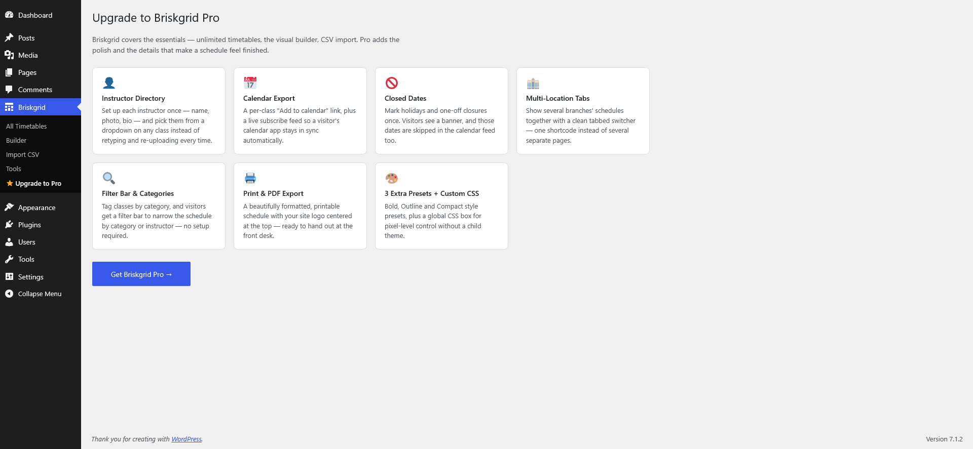 The upgrade page, comparing the free plugin with Briskgrid Class Timetables Pro.