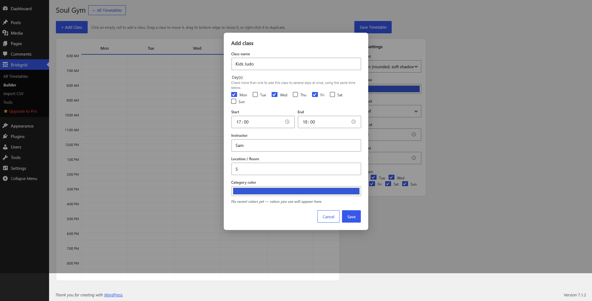 Adding a class: pick the day(s), time, instructor, location and color.