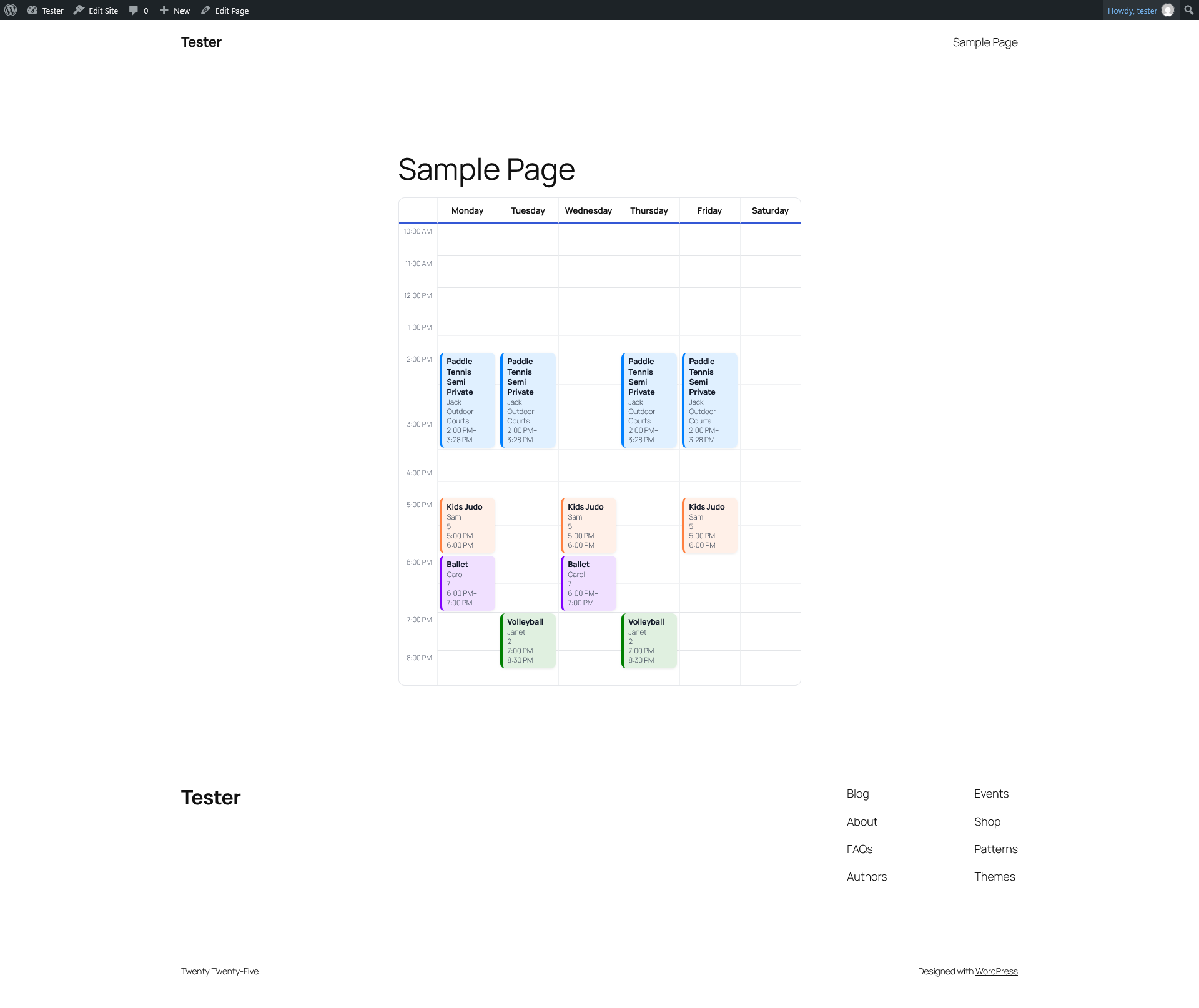 A timetable rendered on the live front end of a site.