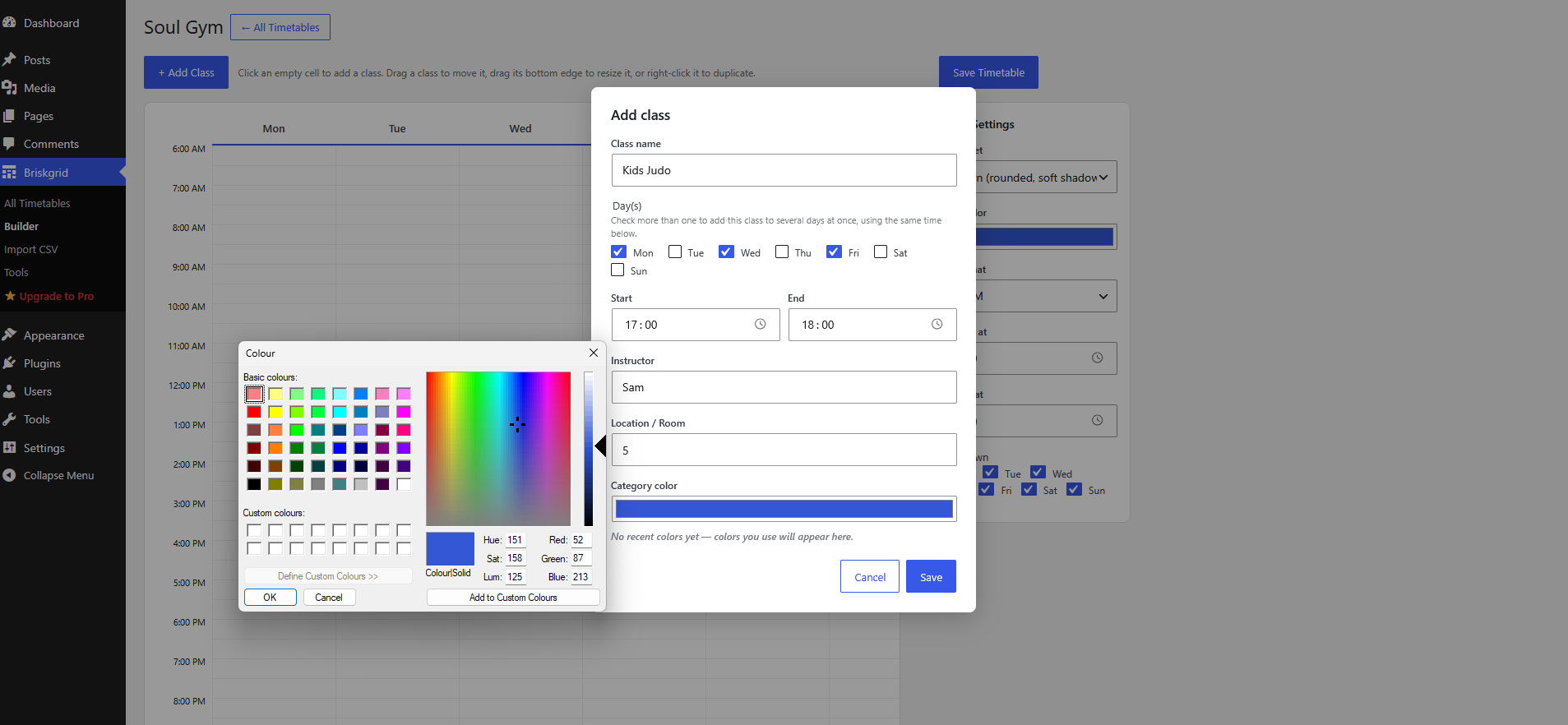 Picking a category color from the built-in color picker.