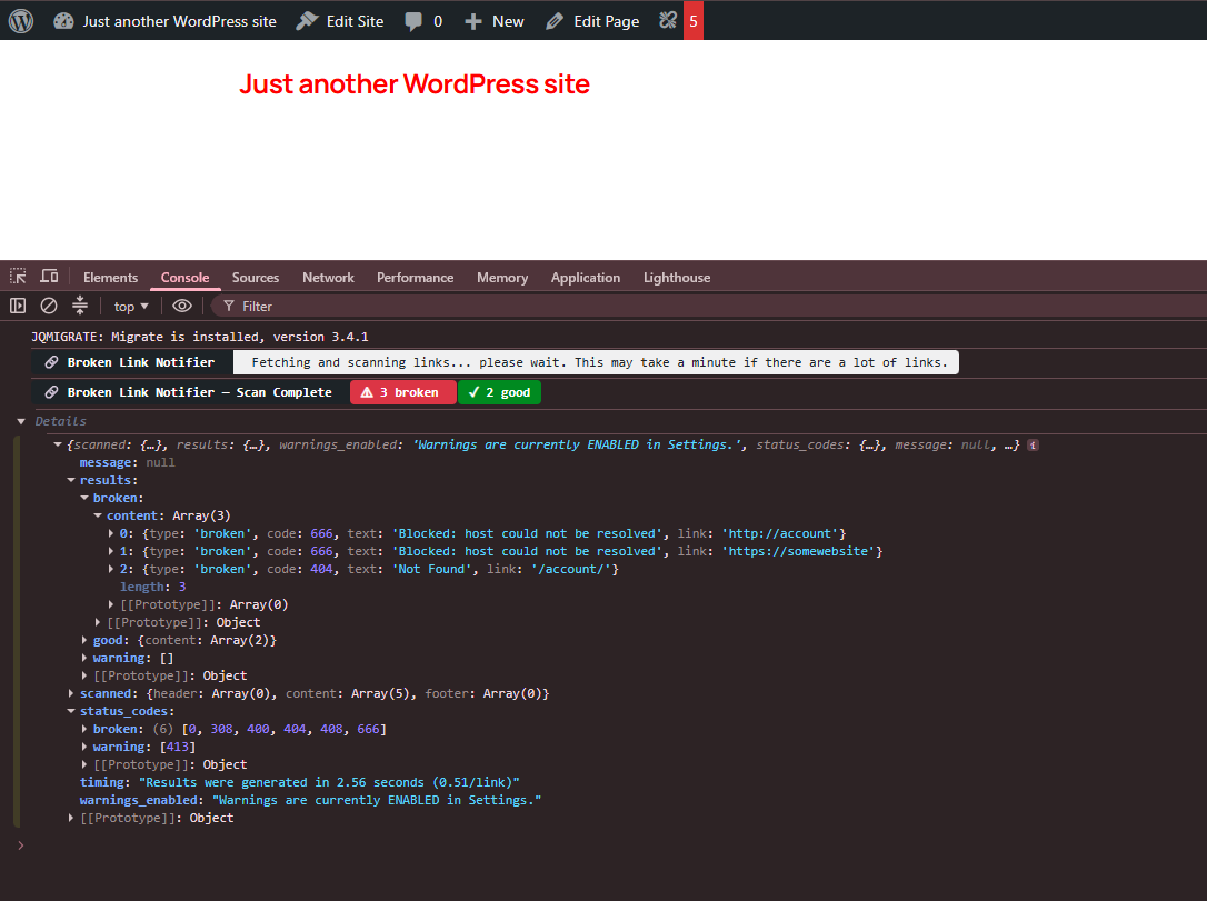 Page load scan results on front-end in dev console - enable in settings