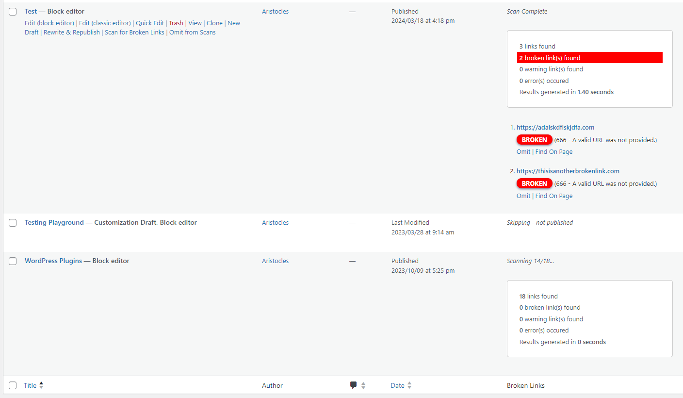 Multi-Scan running scans on multiple pages in WP List Tables