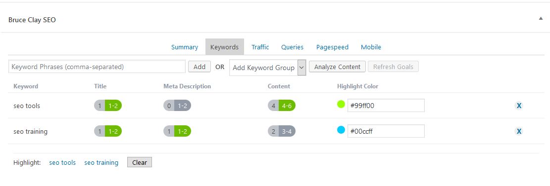 In the page editor, writers can assign multiple keywords per page. Bruce Clay SEO analyzes the top-ranking pages for each keyword to customize keyword usage recommendations per page. Green indicates when the usage targets are met. Keywords are analyzed and stored in the SEOToolSet®.