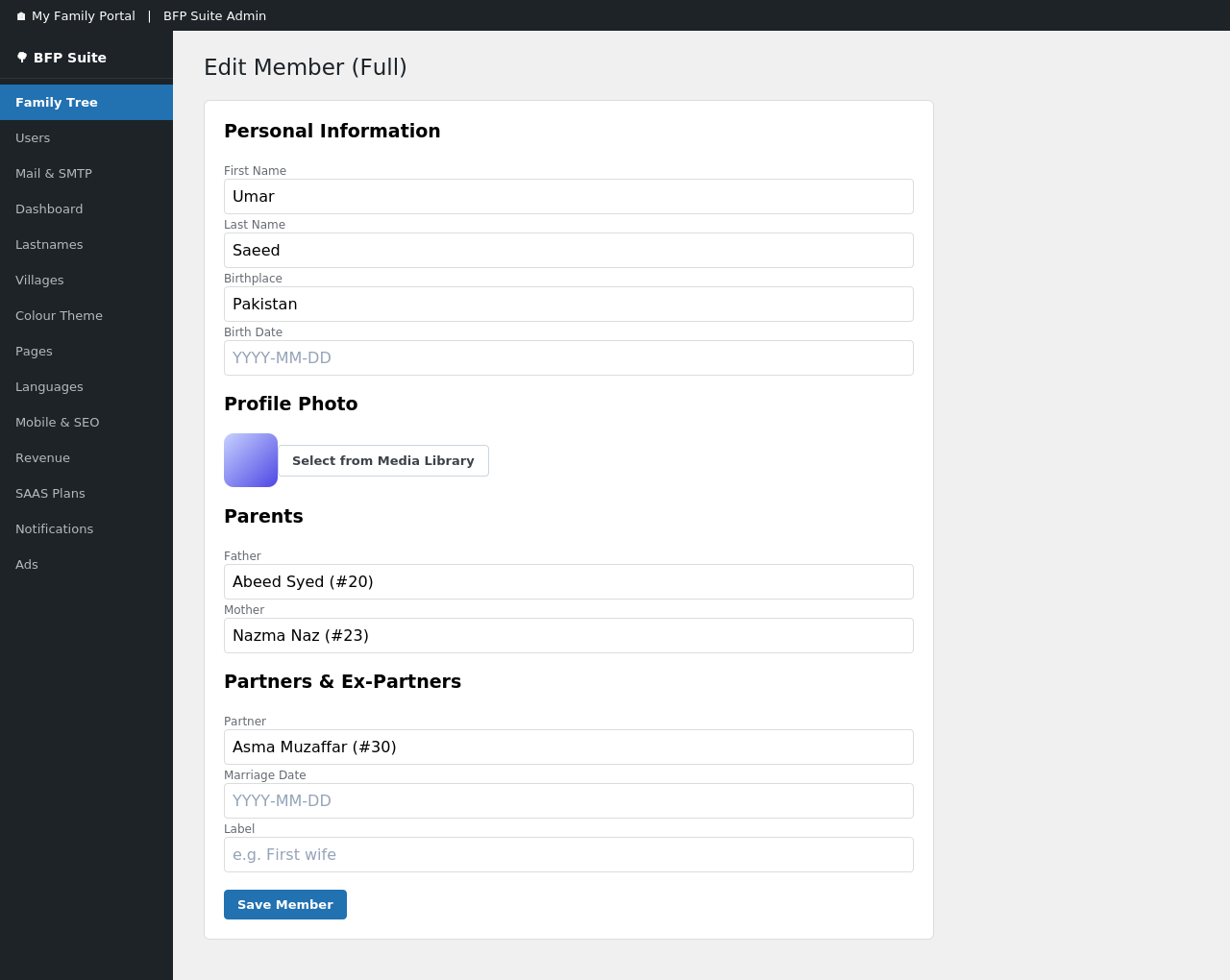 Add or edit a family member — name, photo, parents, and partners all in one screen