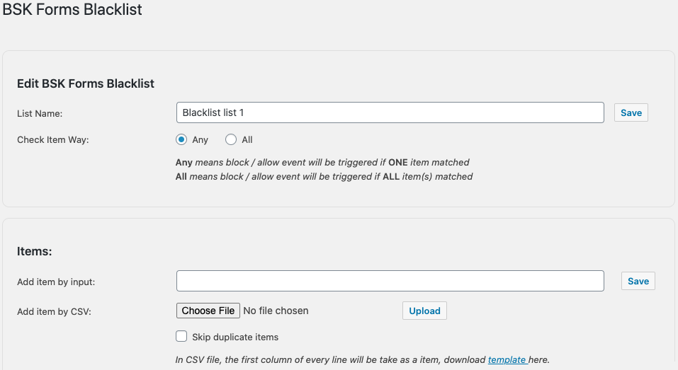 Interface of creating blacklist and add items ( keywords )