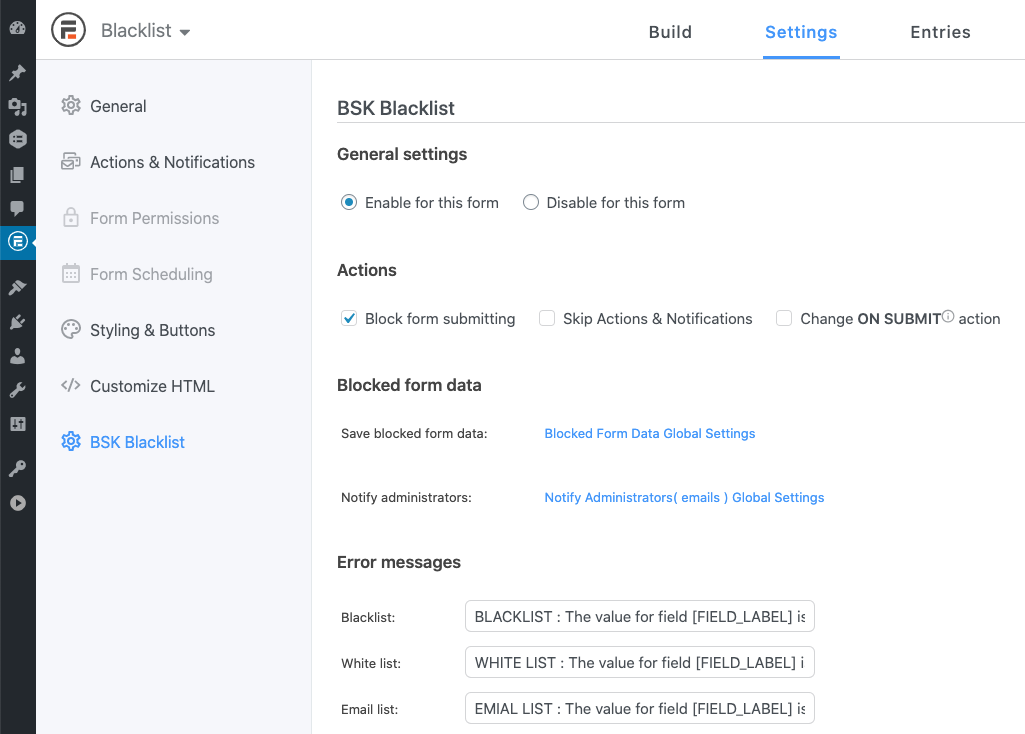 Formidable Forms form setting page
