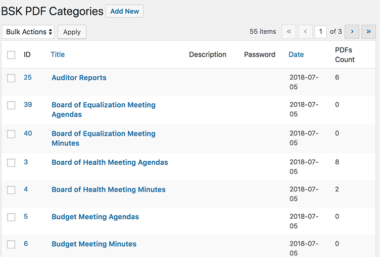 Categories manager interface
