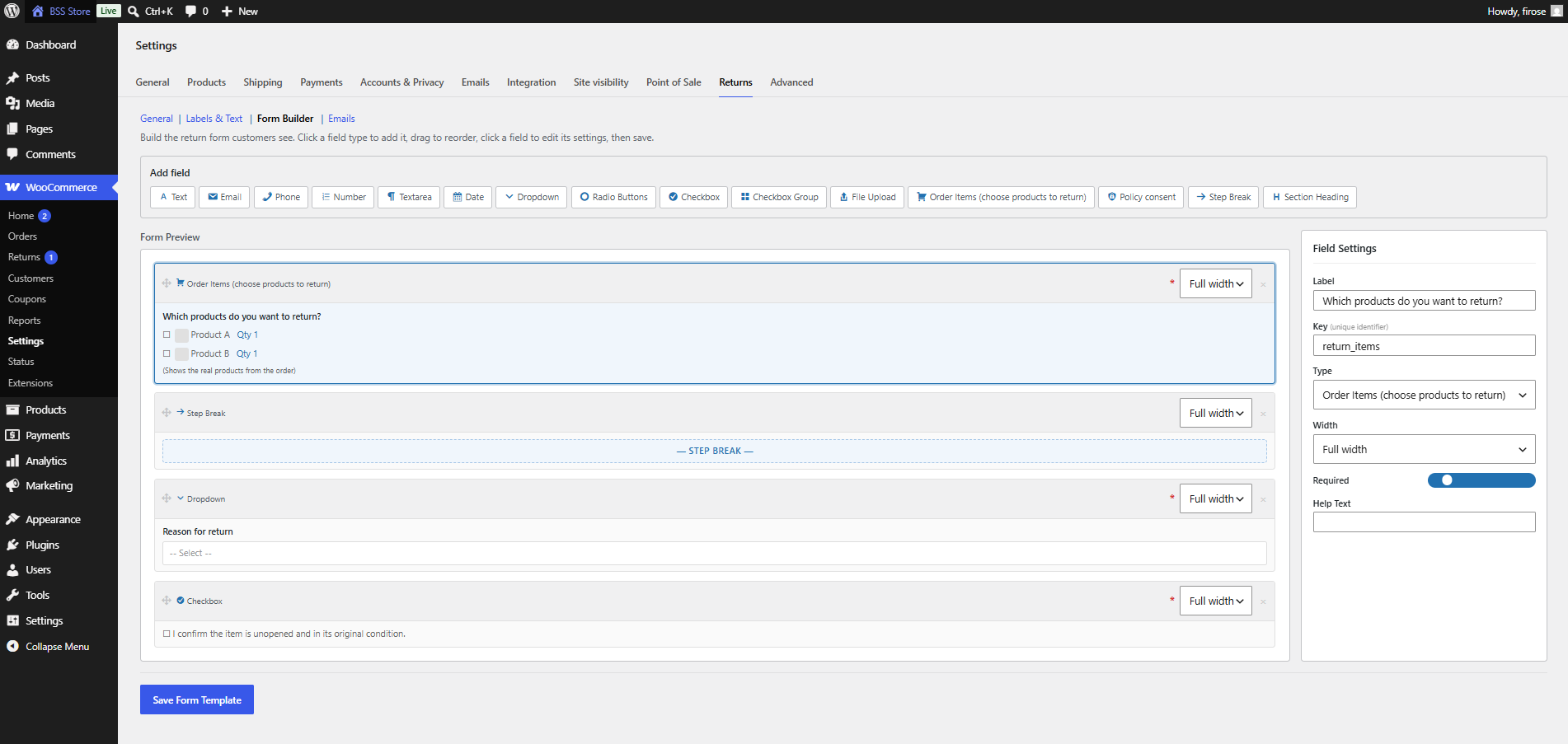 The drag-and-drop return form builder in the WooCommerce Returns settings.