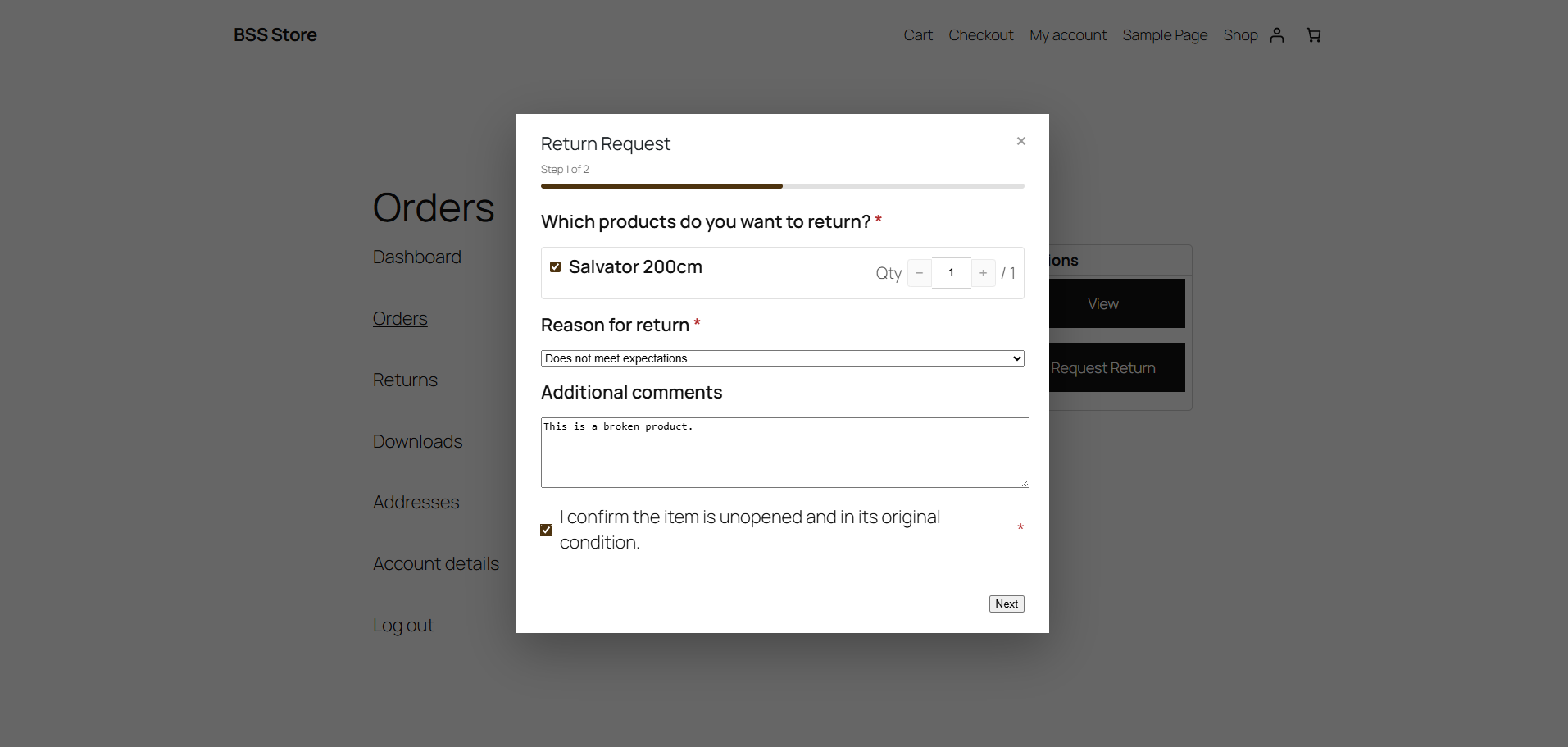A customer submitting a multi-step return request from their My Account area.