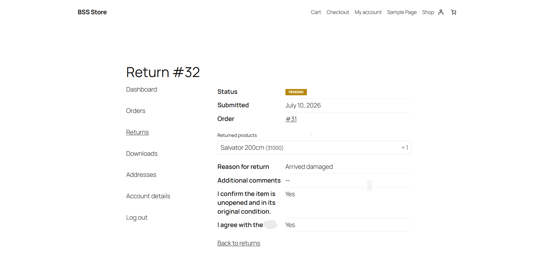 The customer's return detail in My Account, showing status, products, and answers.