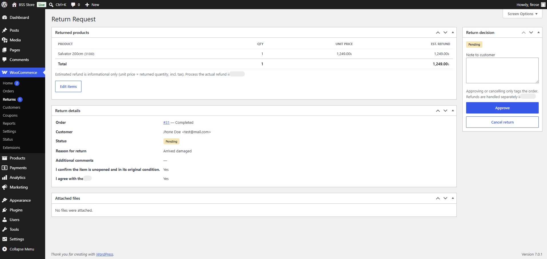 The admin return detail: review the items and estimated refund, then approve or cancel.