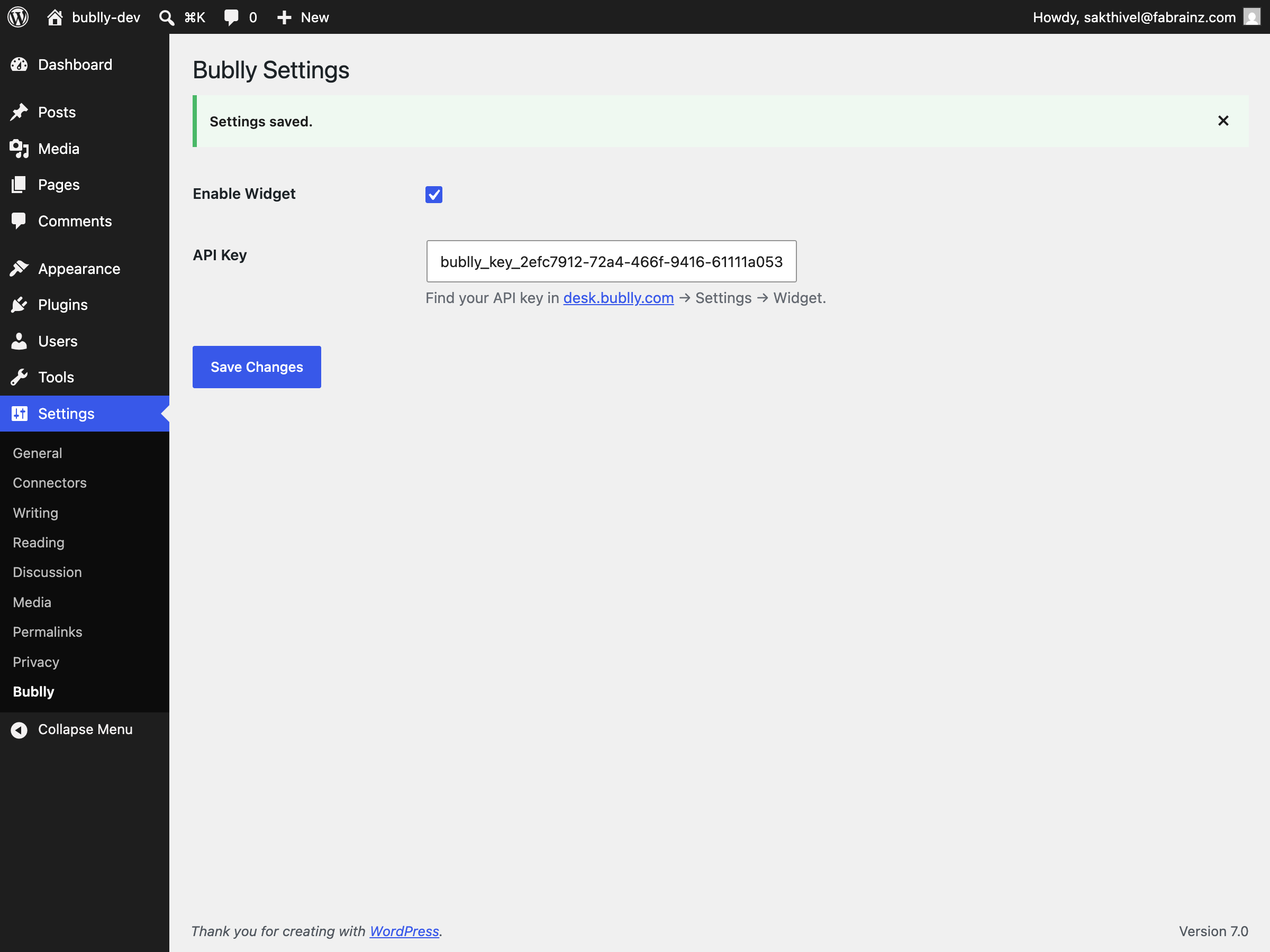 The Bublly settings page in WordPress admin.