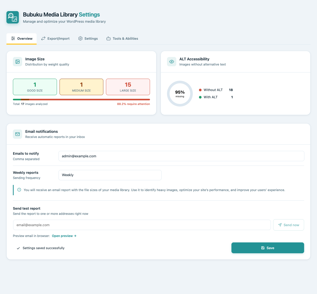 Overview tab: image size distribution, alt text coverage and email notification settings.