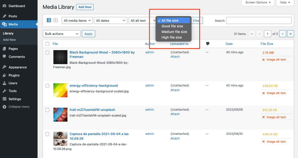 Filter to identify images with larger or smaller sizes.