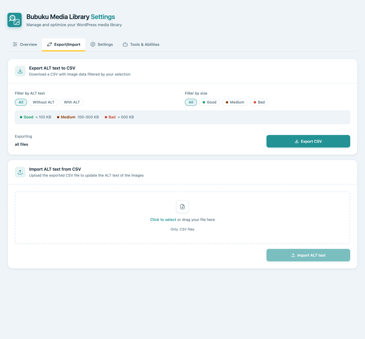 Export/Import tab: export image data to CSV and import updated alt text.