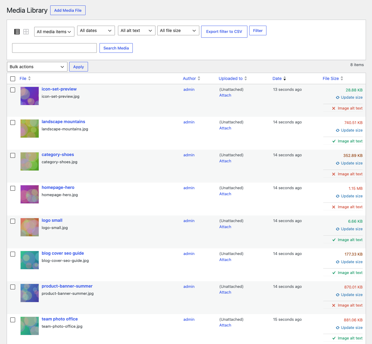 Media Library with the color-coded file size and alt text status of each image.