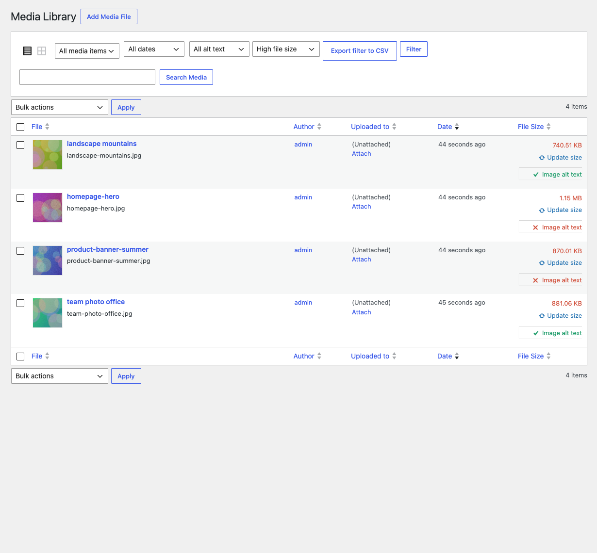 Media Library filtered by high file size.