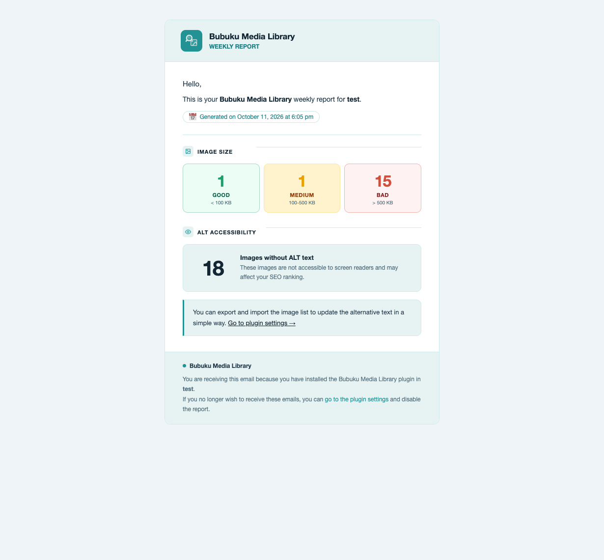 Weekly report sent by email with the optimization status of images and alt text.