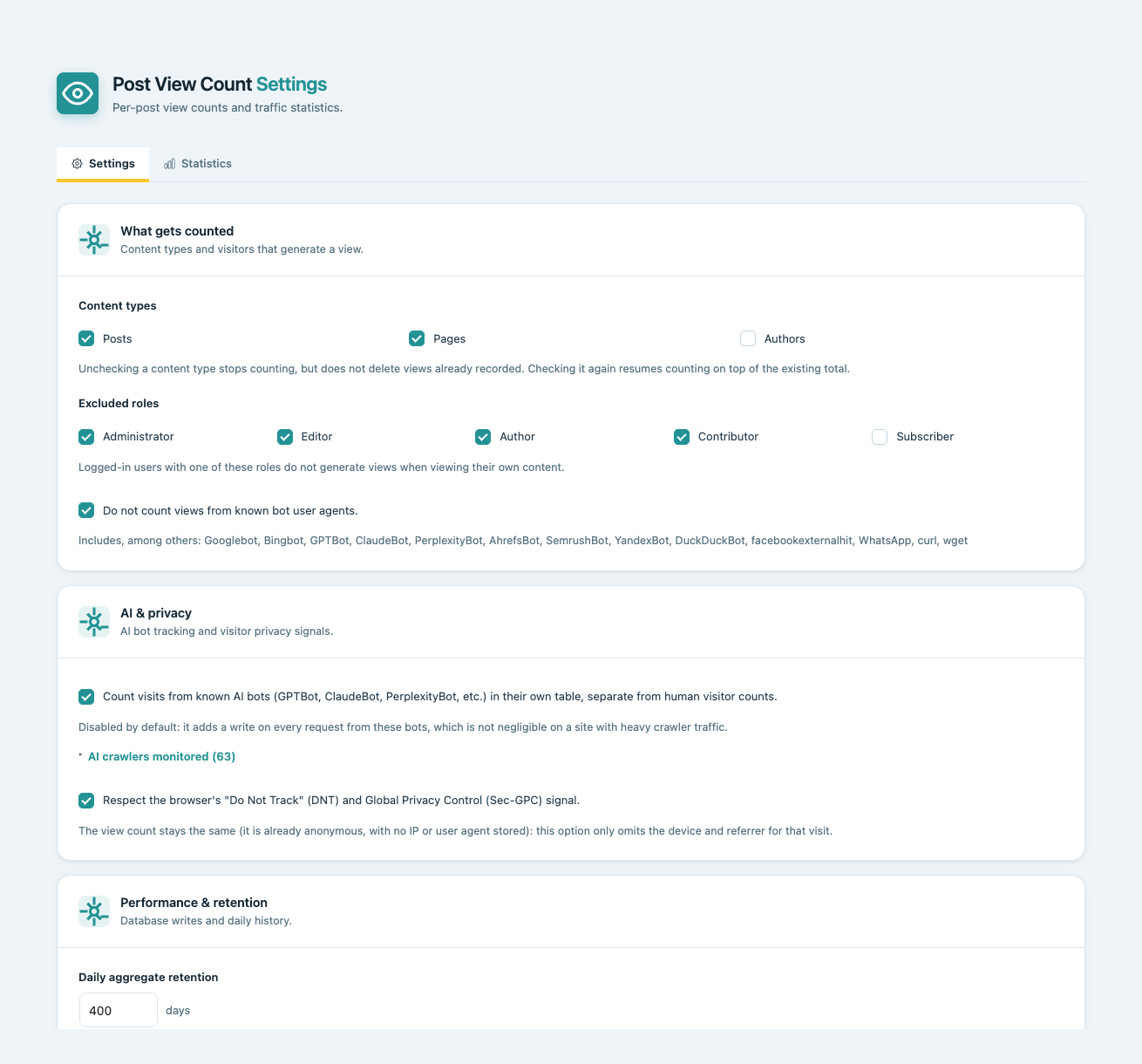 Settings tab: content types, excluded roles, bot exclusion and privacy options.