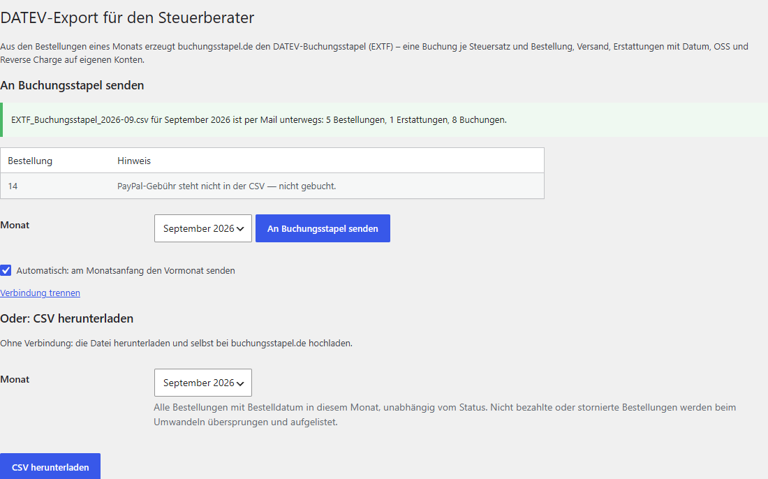 Buchungsstapel Order Export for WooCommerce