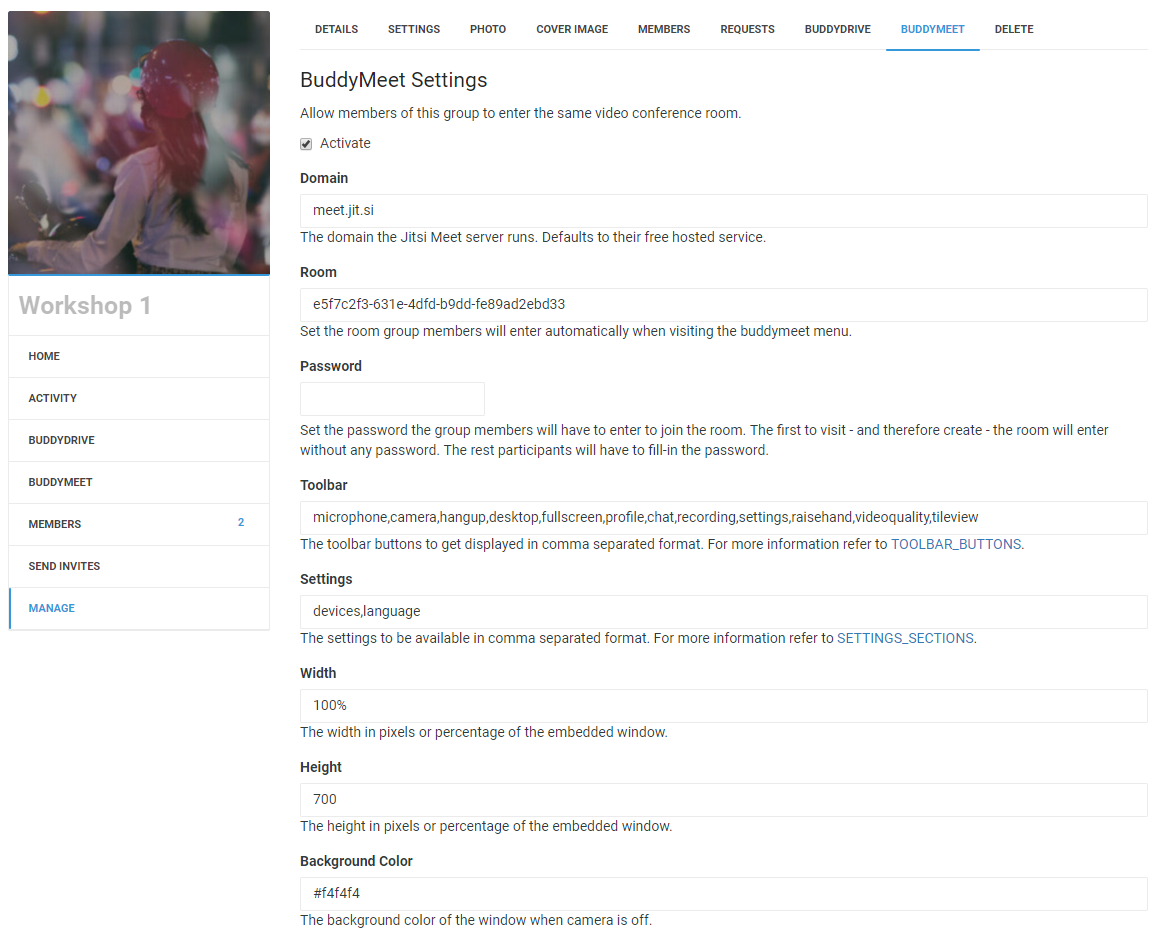 BuddyMeet settings page