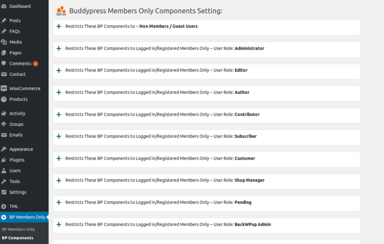 Restricts Buddypress Components based on user roles