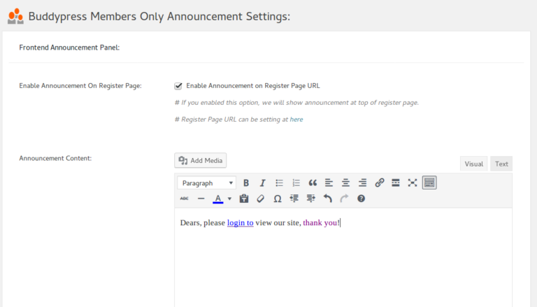 Announcement on Buddypress Members Only register page