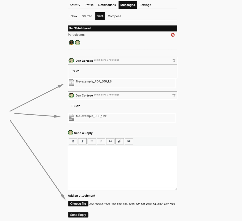 Thread details screen, with attachments displayed.