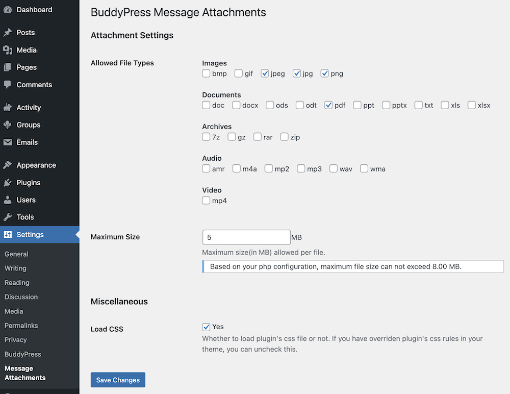 Plugin settings screen.