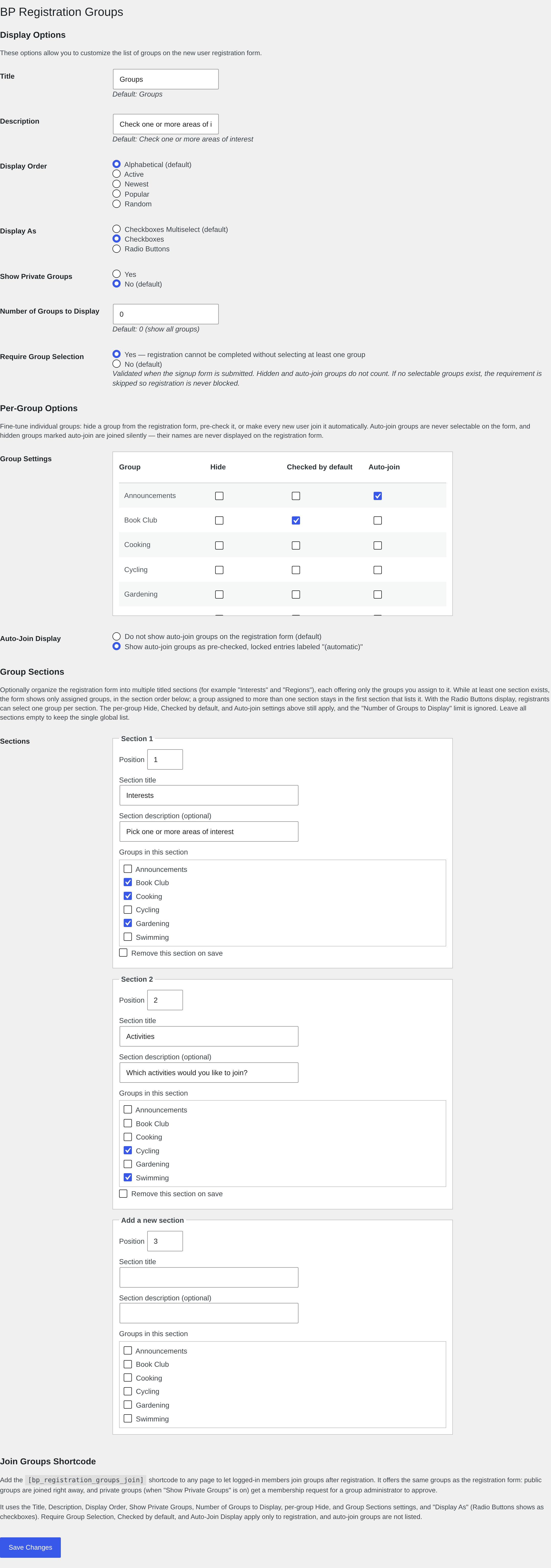 The admin settings page, including the per-group options table, the Group Sections editor, and the Join Groups Shortcode help.
