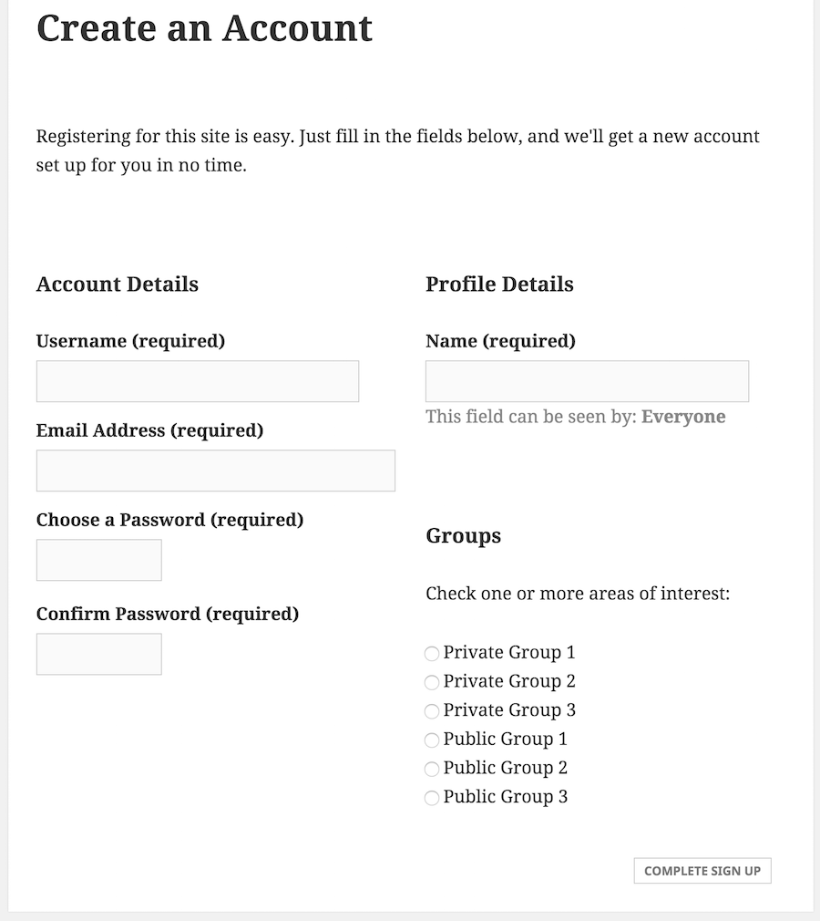 Screenshot of the plugin showing groups as a list of radio buttons on the new user registration page.