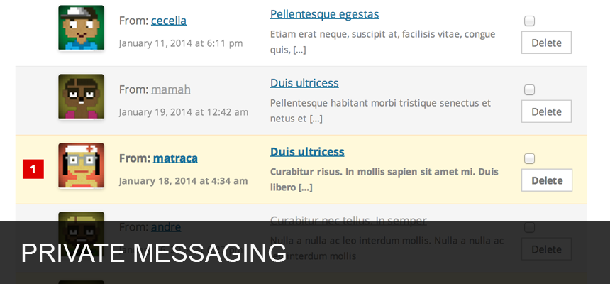 <strong>Mensagens Privadas</strong> - As Mensagens Privadas permitem aos usuários conversarem uns com os outros diretamente e de modo privado. Não é limitado a conversas um-pra-um, pois eles podem enviar mensagens para múltiplos destinatários.