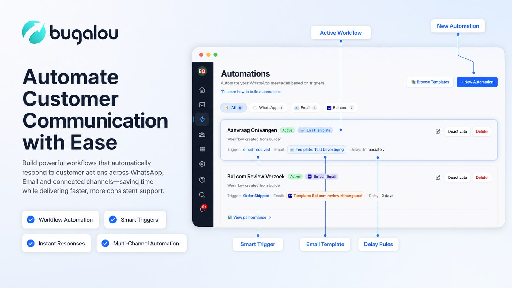 Automations: send WhatsApp or email messages when an order is placed, shipped or completed.