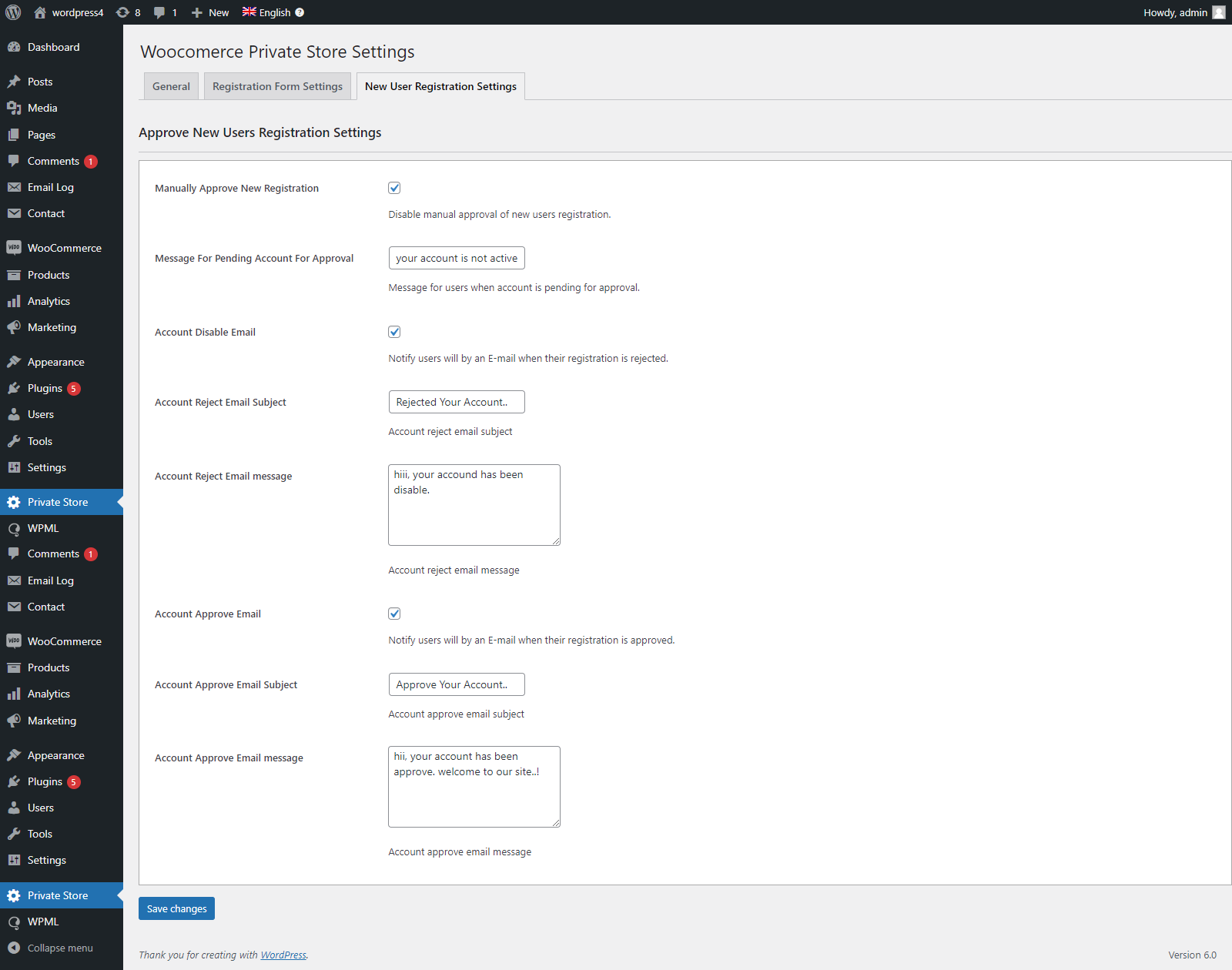 New User Registration Settings.