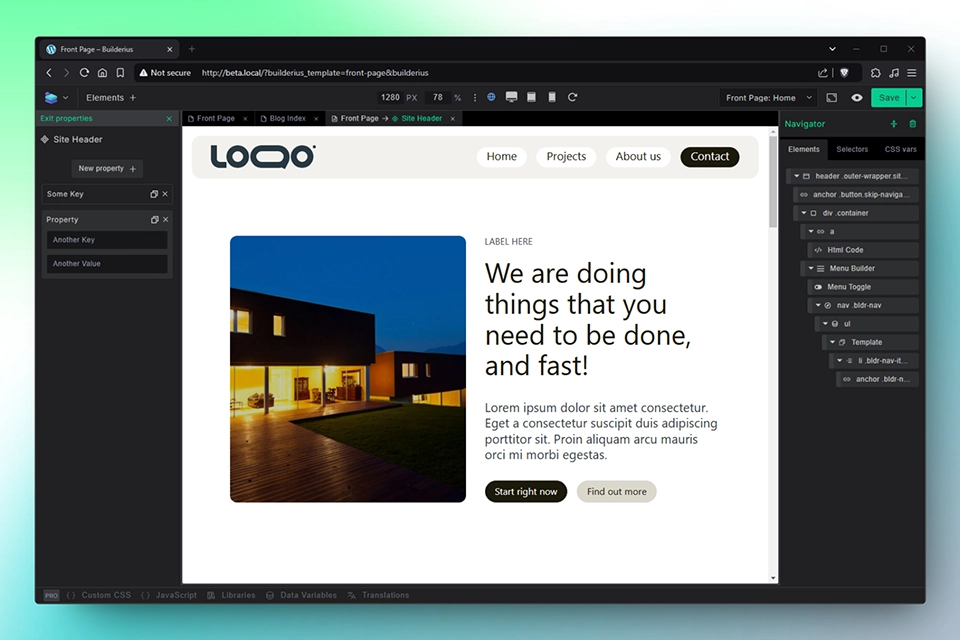Builderius builder, component editing view