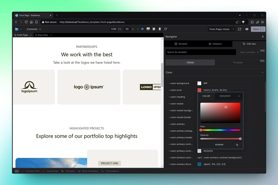 Builderius builder, global style controls using CSS variables