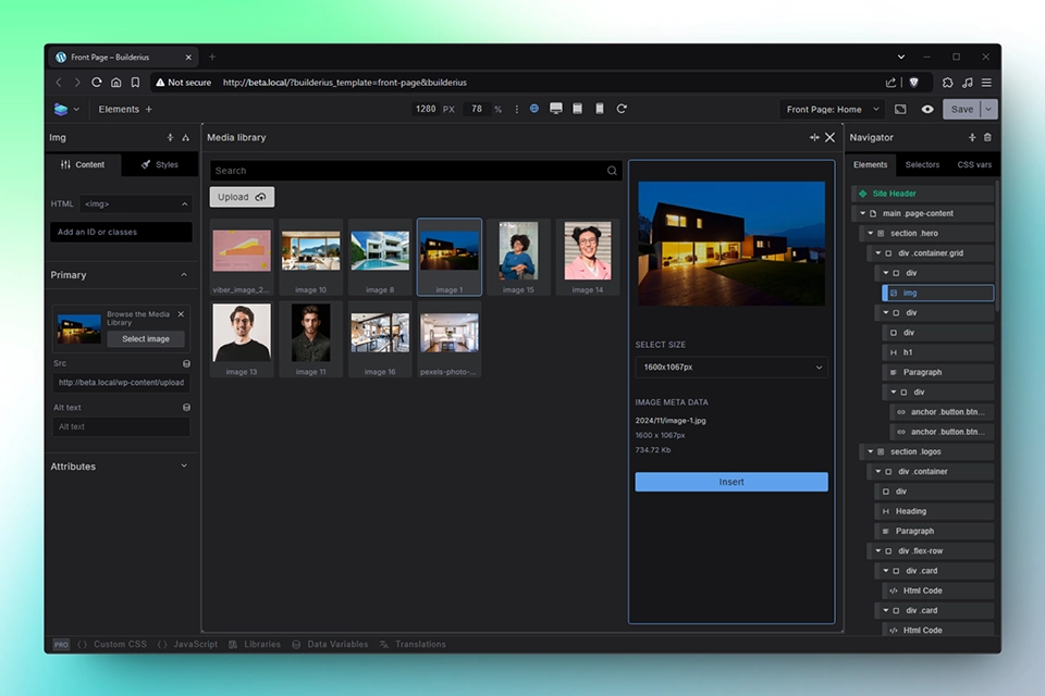 Builderius builder, media library view