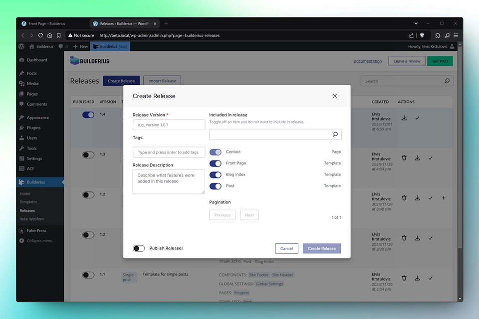 Builderius builder, release creation view