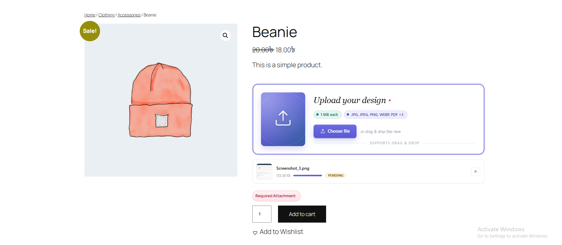 Product page — the drag-and-drop upload field customers see