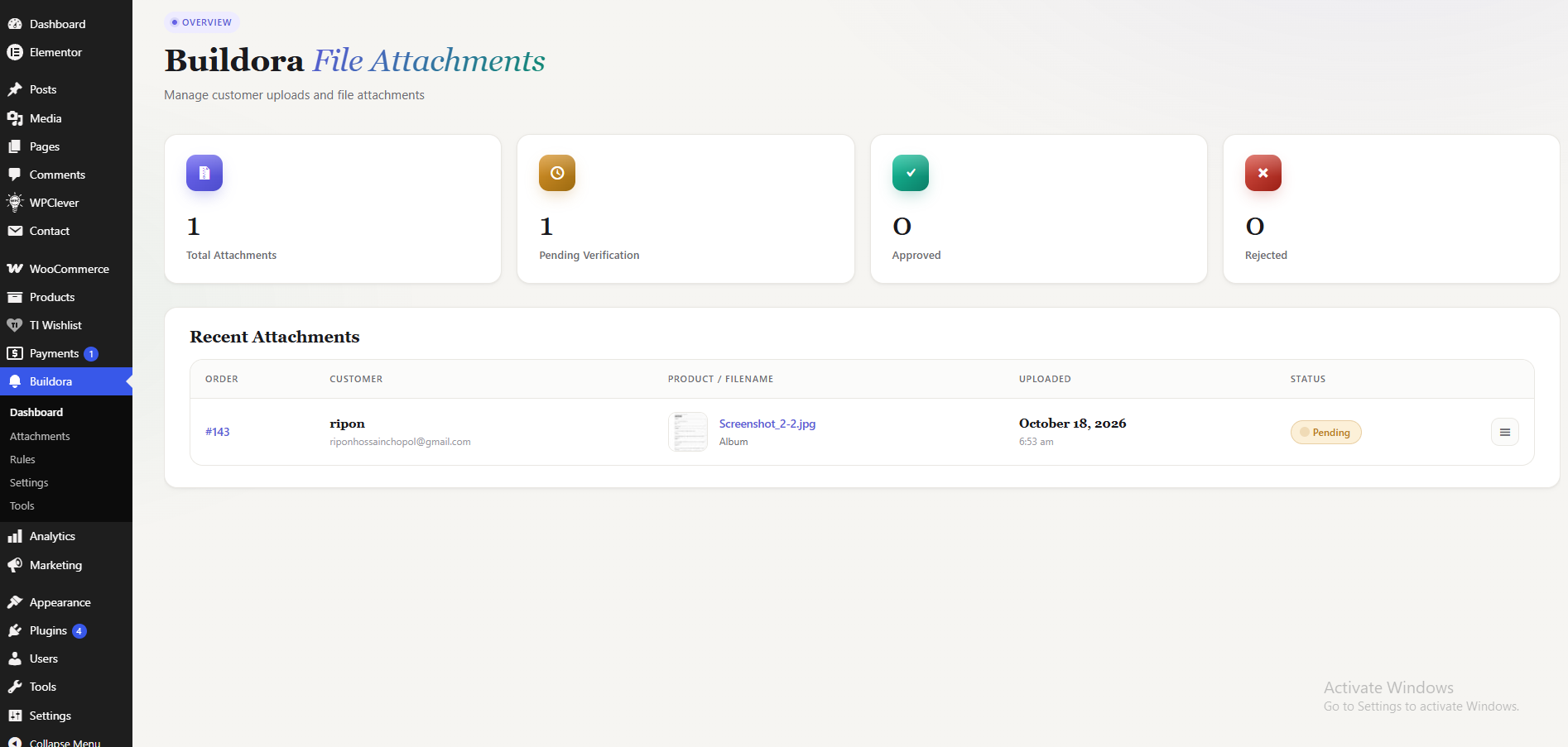 Buildora dashboard — upload counts and recent attachments