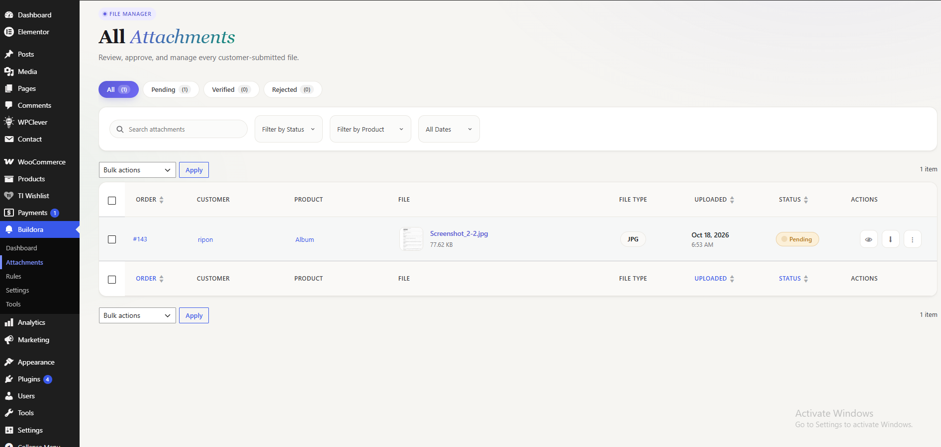 Attachments screen — status tabs, search, filters and bulk actions