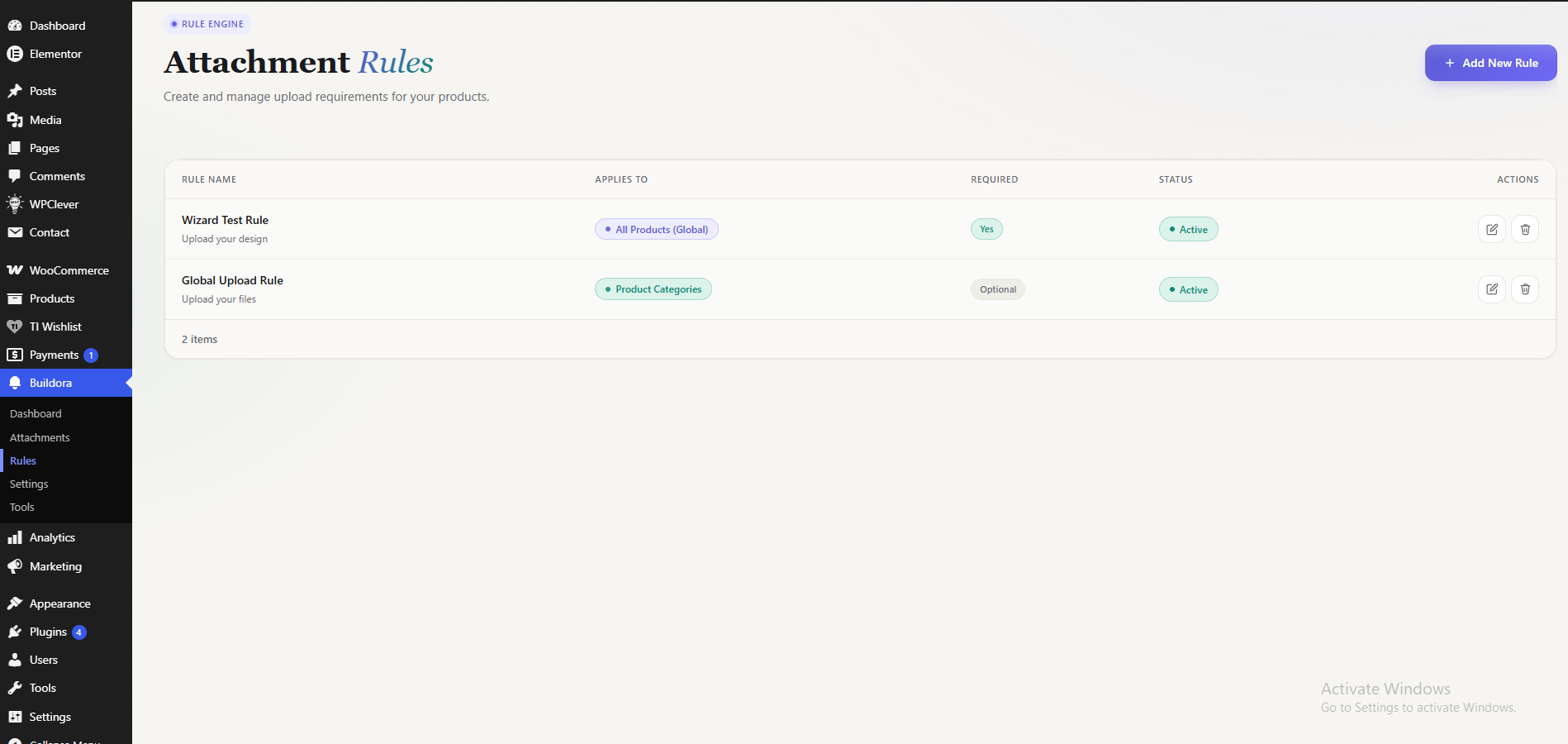 Upload Rules — every rule with its scope, requirement and status
