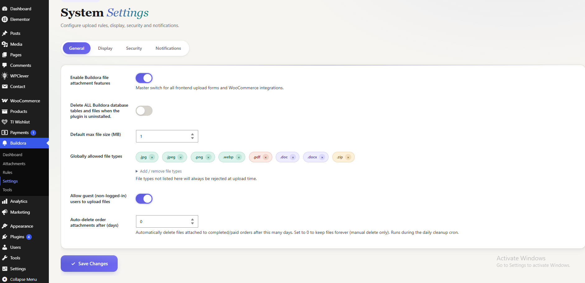 Settings — master switch, file types, size limits, guest uploads and retention