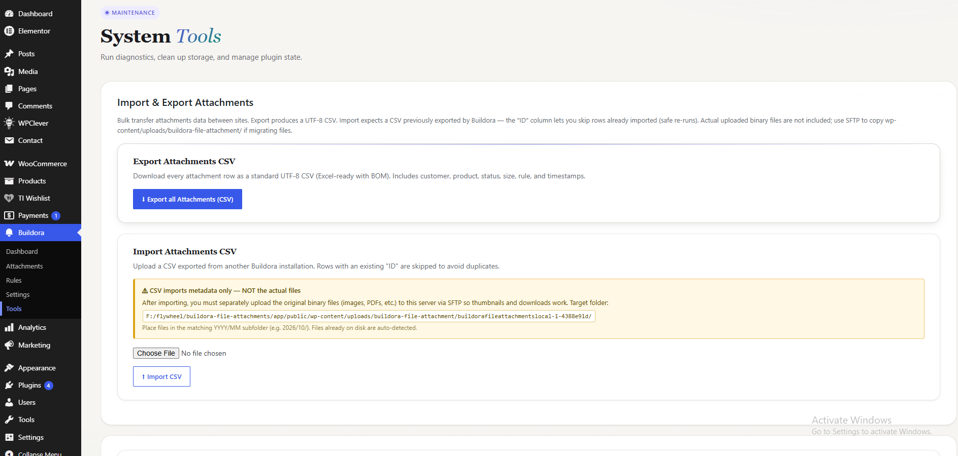 Tools — export and import attachments as CSV