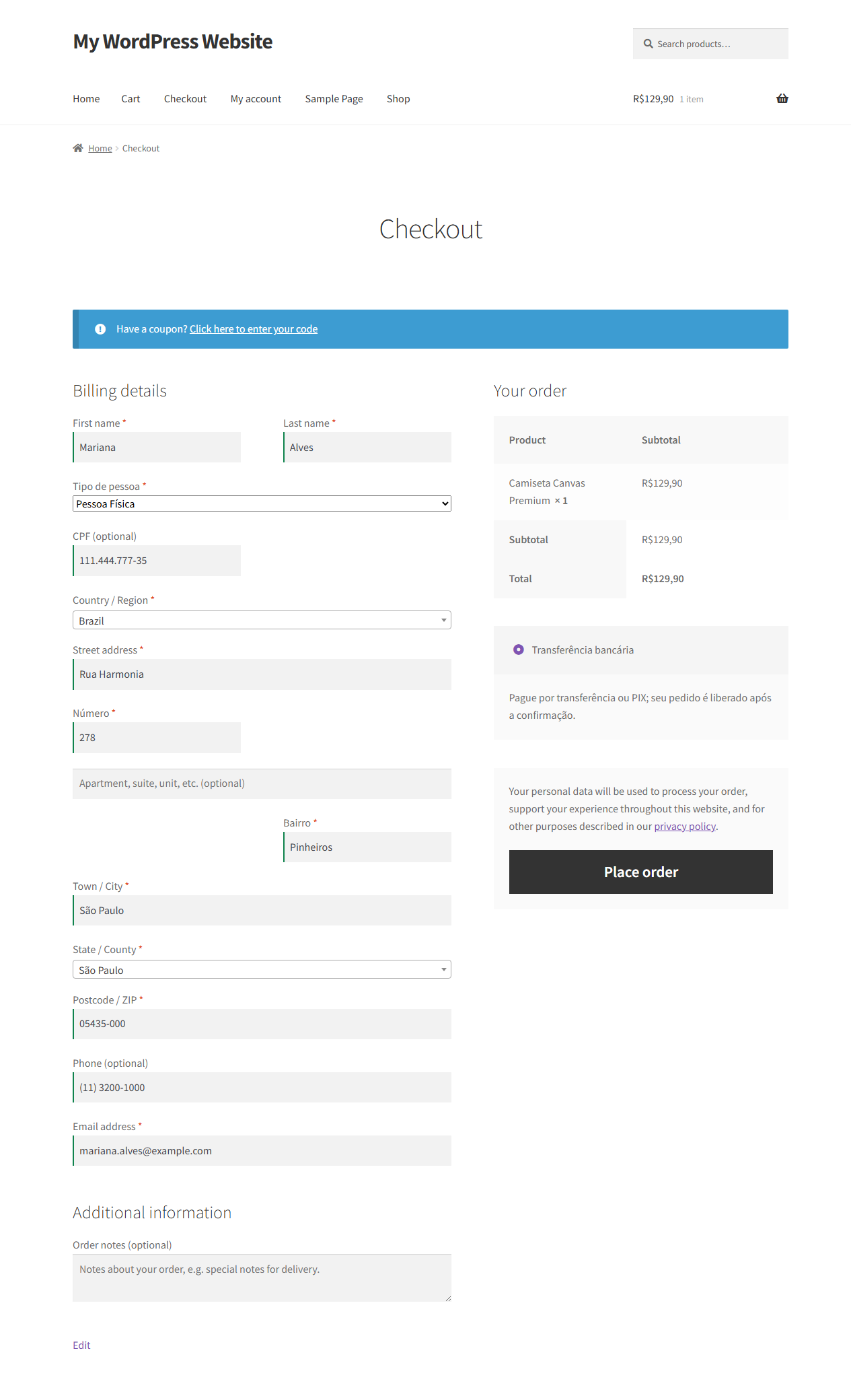 Classic checkout with the individual/company selector, CPF/CNPJ, street number and neighborhood.