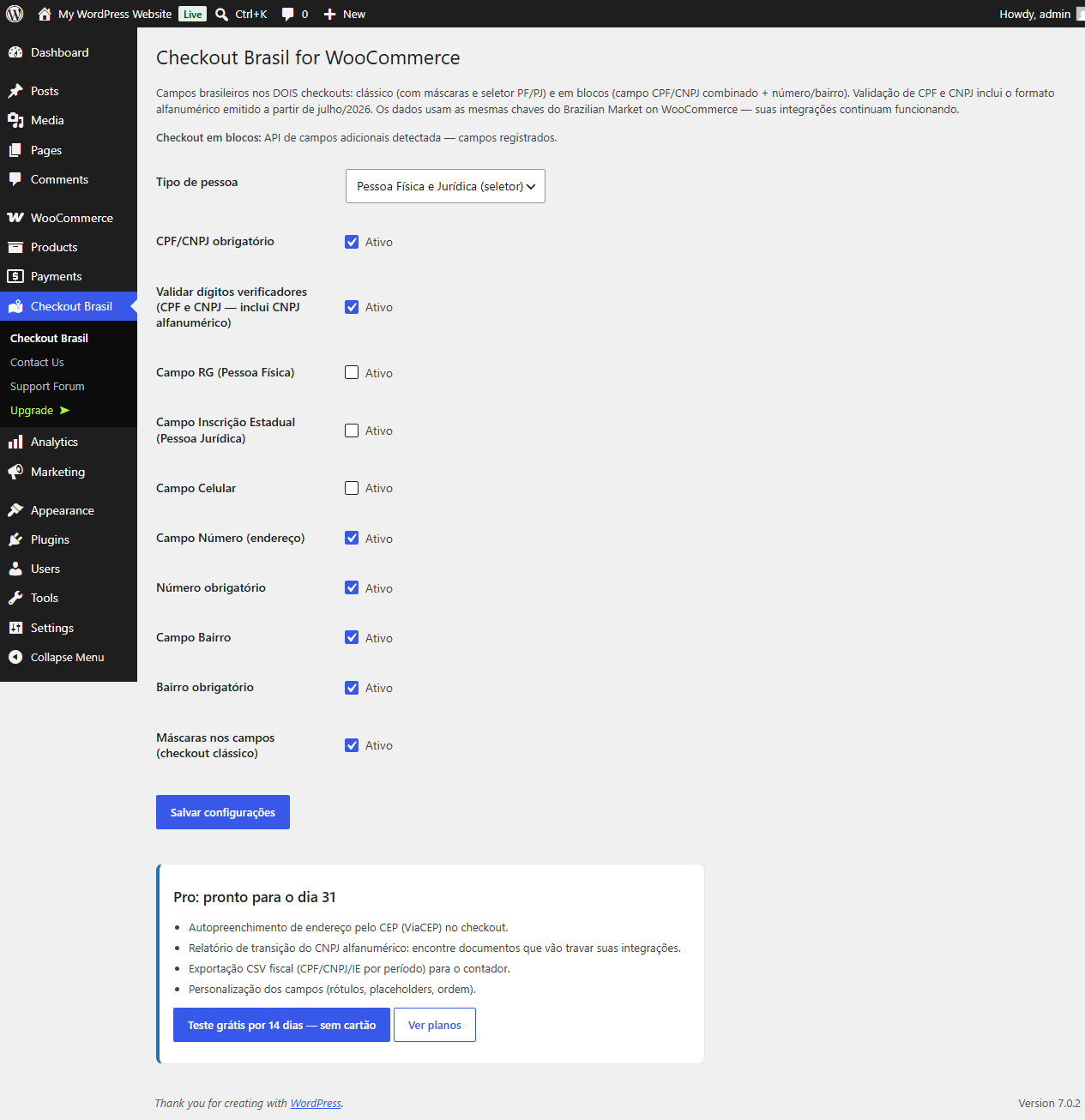 Settings screen.