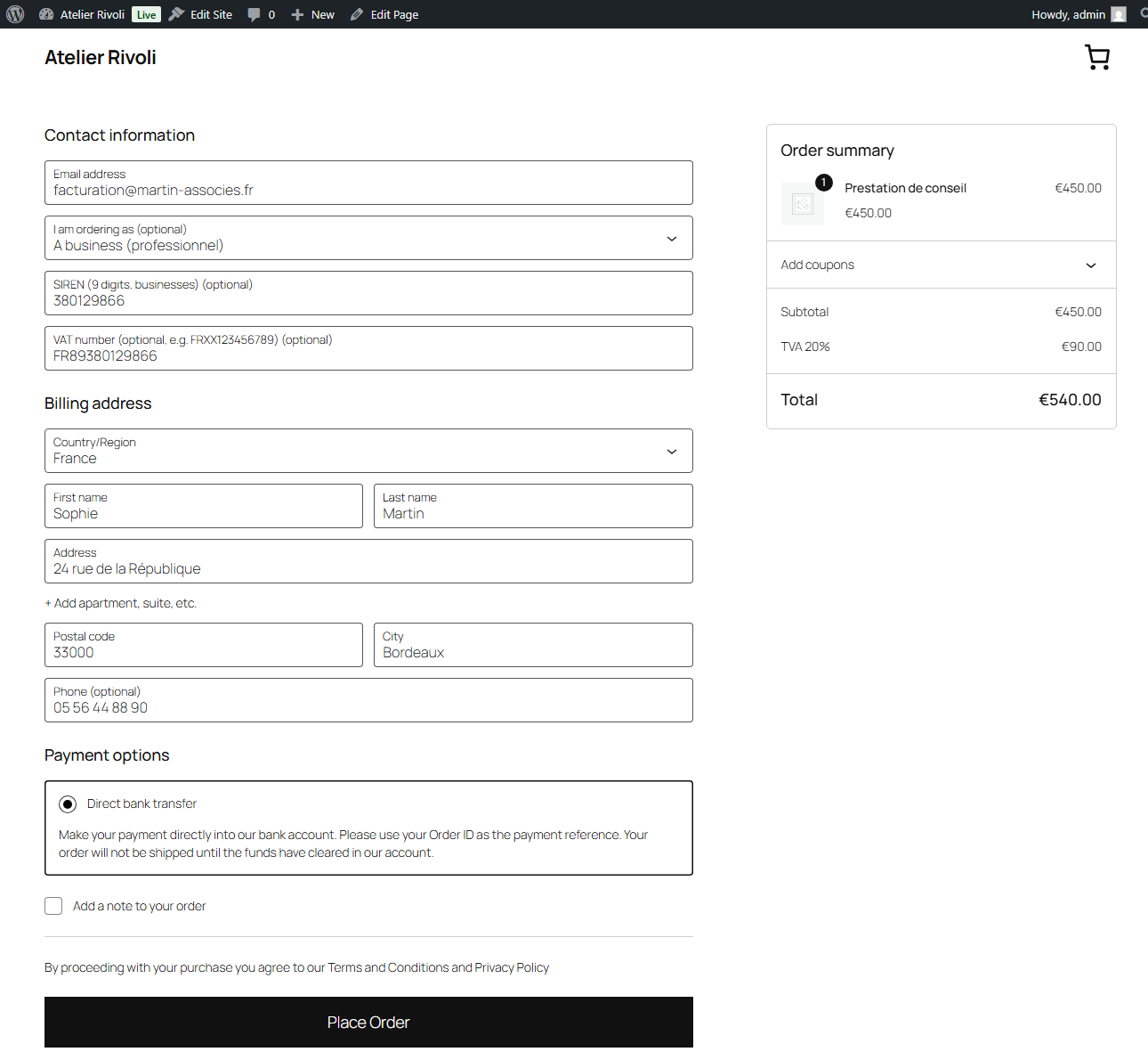 B2B capture on the block checkout (the classic checkout is supported too): customer type, SIREN and TVA intracommunautaire. All validation runs locally on your own server.